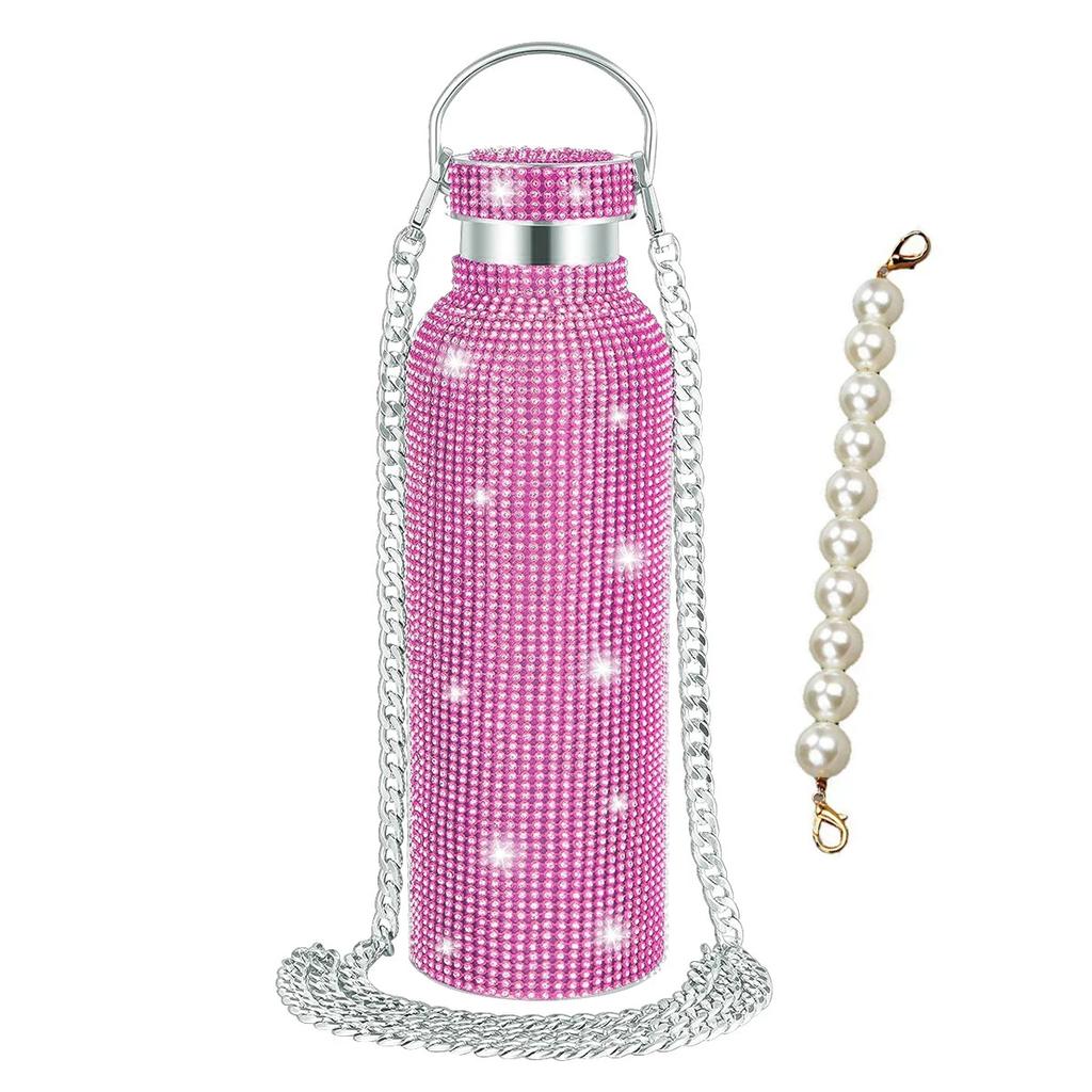 500/600/750/1000ml Diamond Thermos Bottle With 2pcs Chain Portable Rhinestone Water Bottle Stainless Steel Thermal Vacuum Flask