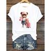 European Size Women'S Casual Cartoon Bear Travel Print T-Shirt - Short Sleeve Crew Neck, Red Top with Pink Luggage & Teddy Bear Design,Cute Shirt