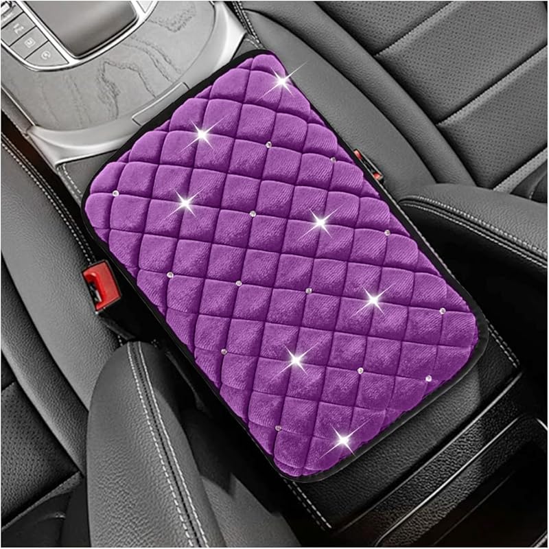 Bling Car Center Console Cover, Soft Comfortable Fluffy Car Armrest Cover, Crystal Rhinestone Seat Box Cushion Protector, Automotive Interior