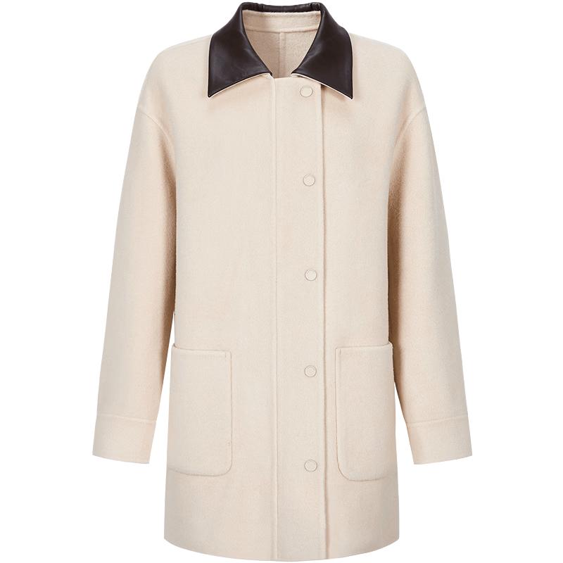 JIUZI Anna Barn Style PU Collar 100% Wool Double-Sided Coat