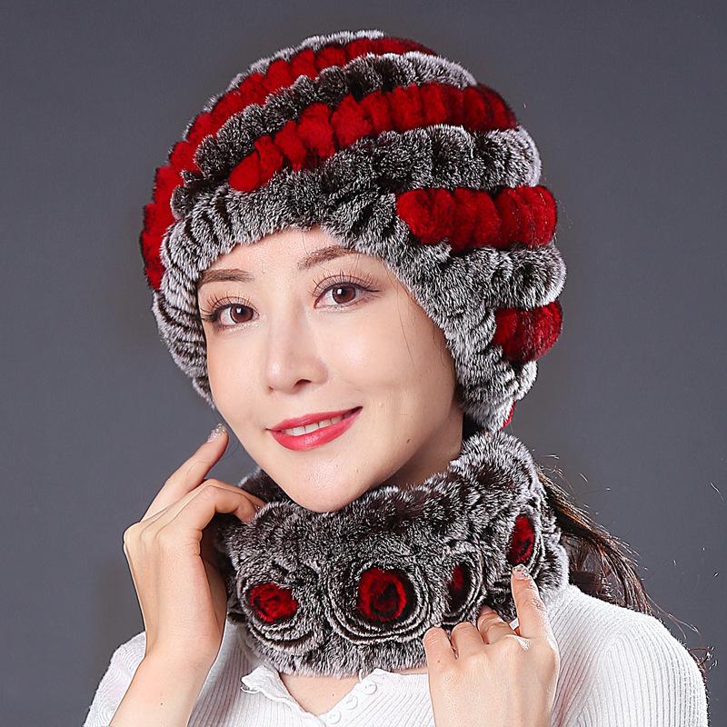 Hat Female Autumn Winter Trendy Versatile Rex Rabbit Hair Cycling Warm Ear Protection Fur Hat Scarf Set