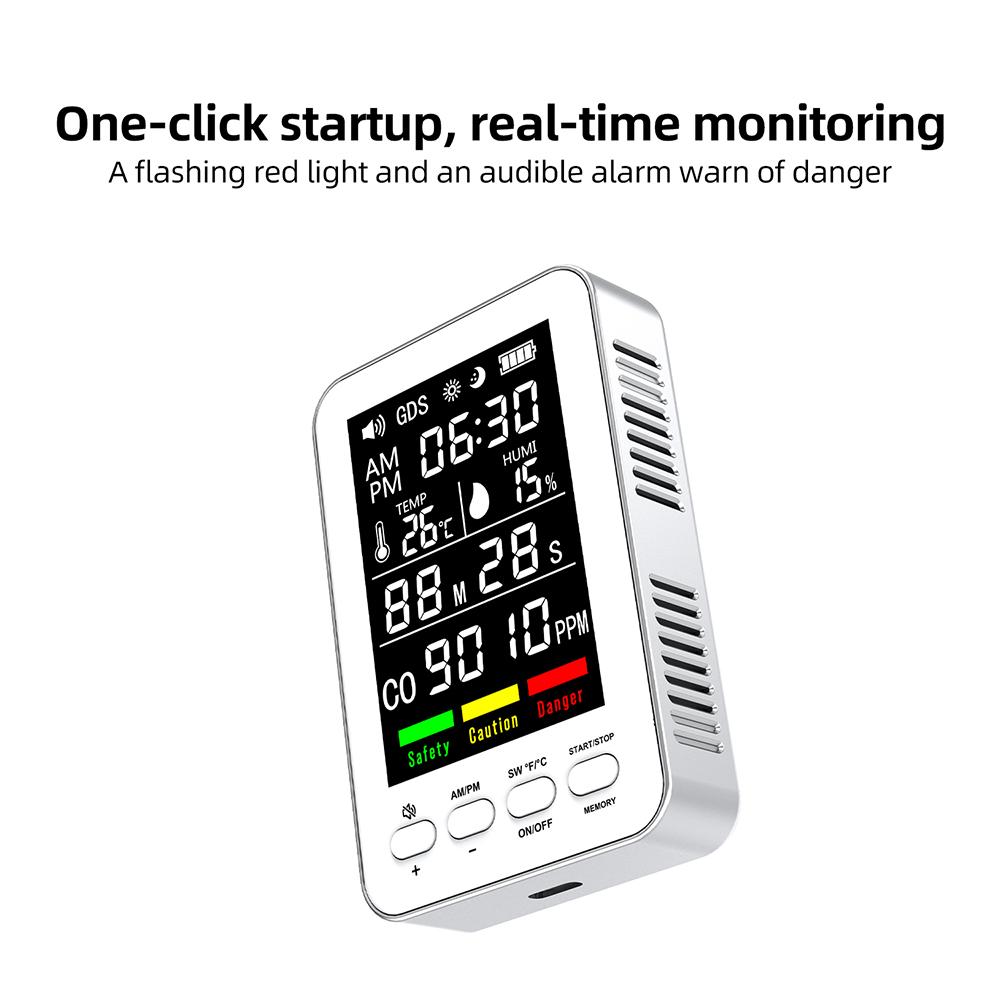 Professional 5 In 1 Portable Air Quality Detector Time Display CO Real Time Monitor Carbon Monoxide Alarm Temperature Humidity Sensors TypeC Charging