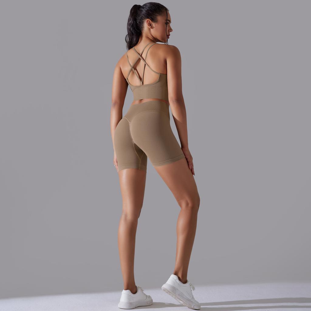 New High Waist Peach Hip Tight Pants Set, Sports Back Yoga Clothes, Running Training Fitness Set, Two Piece Set For Women