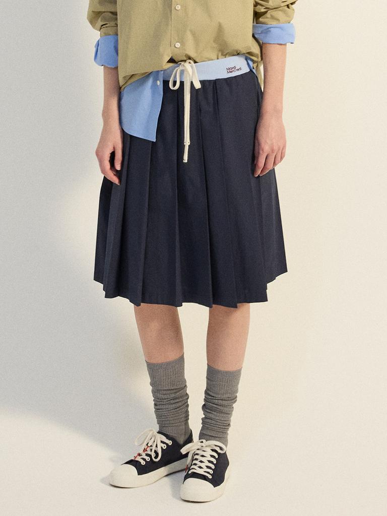 [mardimercredi] Cotton Pleated Midi Skirt, Navy