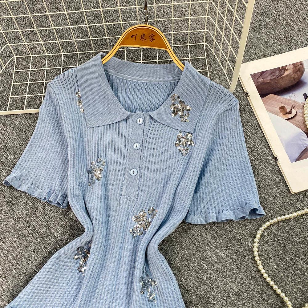 Summer Women Polo Collar Short Sleeve Sequined Flower Knitted Sweater Pullover Tops For Student Girls