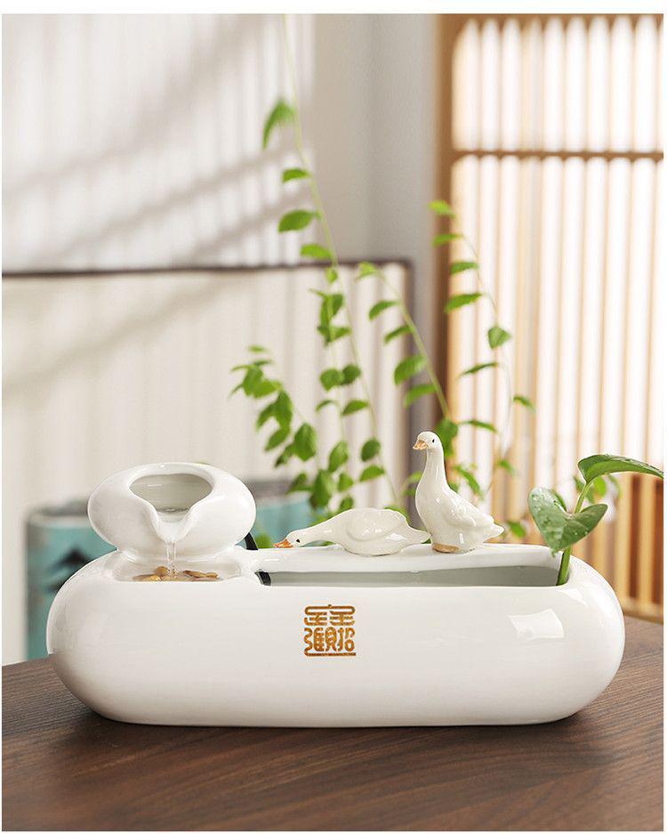 Ceramic Desktop Fish Tank with Automatic Water Circulator and Lucky Cat Ornament