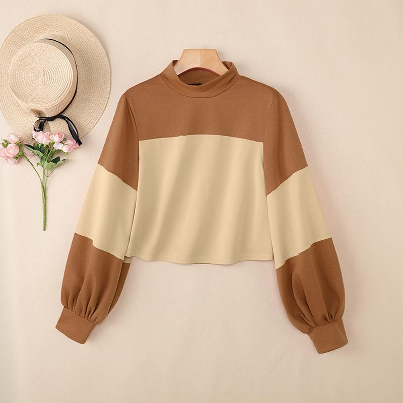 ZANZEA Women Casual Stand Collar Patchwork Loose Long Sleeve Tee Tops