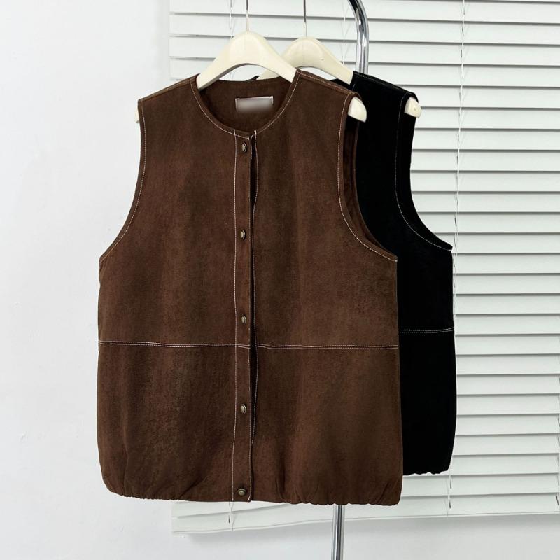 Women Plus Size Contrast Stitch Suede Sleeveless Casual Vest Outerwear