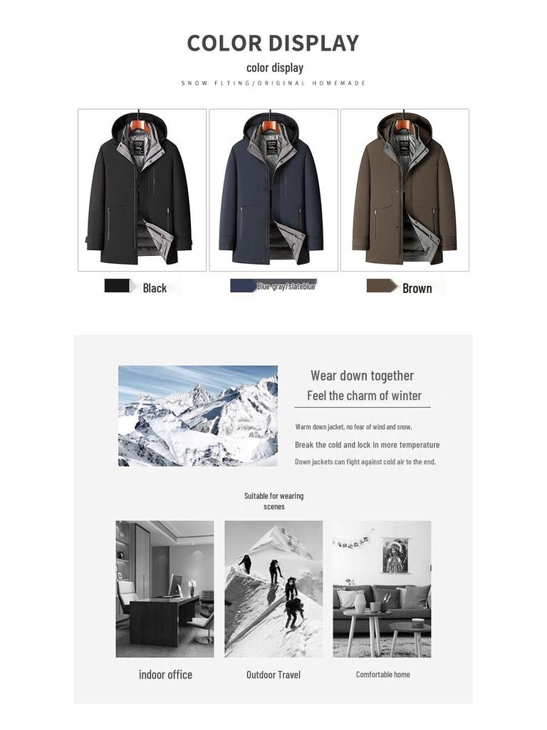 Men's Three-in-One Goose Down Mid-Length Jacket with Detachable Liner - Warm Casual Coat for Middle-Aged and Elderly Dads