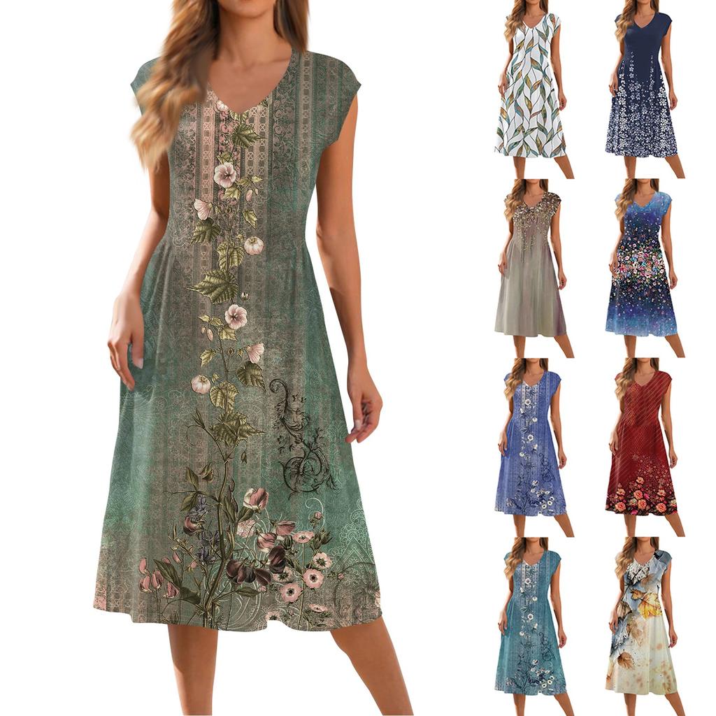 Women's Cap Sleeve Print V-Neck Sleeveless Patchwork Pleated Slim Fit Dress