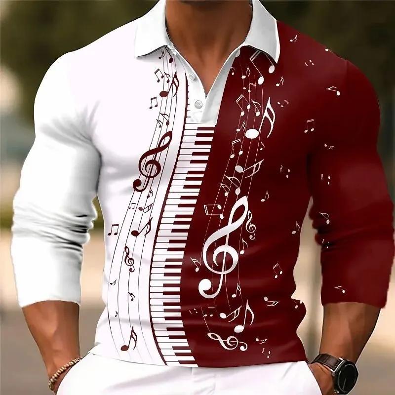 3D Printed Men's Long Sleeved Polo Shirt with Music Symbol Pattern, Suitable for Spring and Summer Wear
