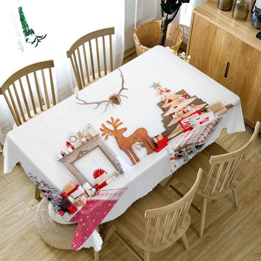 Tablecloth Golden Christmas Tree Socks And Elk Pattern Rectangular And Round Table Cloth Thicken Cotton Cover Towel