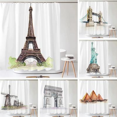 Art Line Drawing Scenery Shower Curtain Waterproof Polyester Bathroom Curtain Room Decor Bathtub Curtain Textured With Hooks