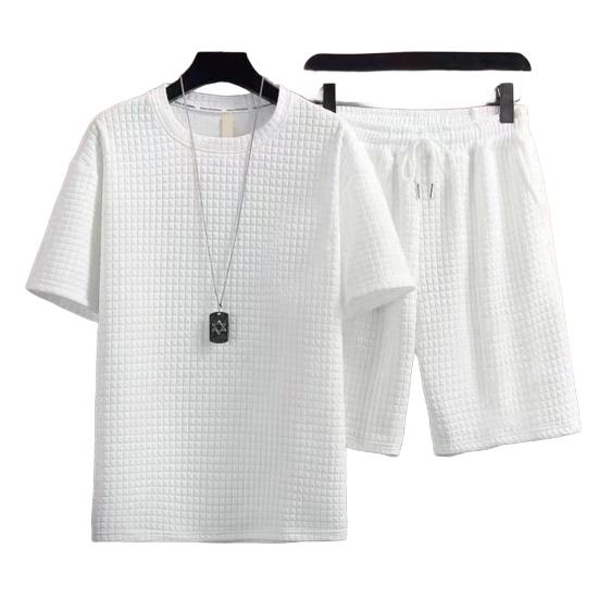 

2 шт./компл. мужской наряд из вафельной ткани, однотонный спортивный костюм с круглым вырезом и коротким рукавом, шорты на шнурке, комплект повседневной спортивной одежды L белый