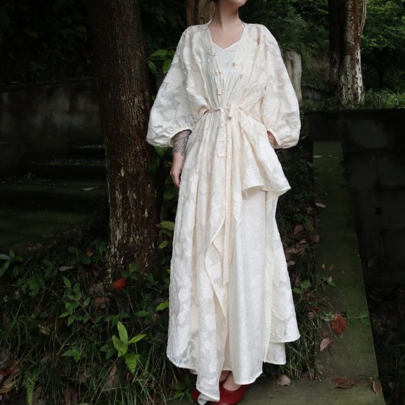Neo-Chinese Style Jacquard and Frog Button Dress Set for Women Including a Long Waist-cinching Dress Temperament and a Cardigan Two-piece Set