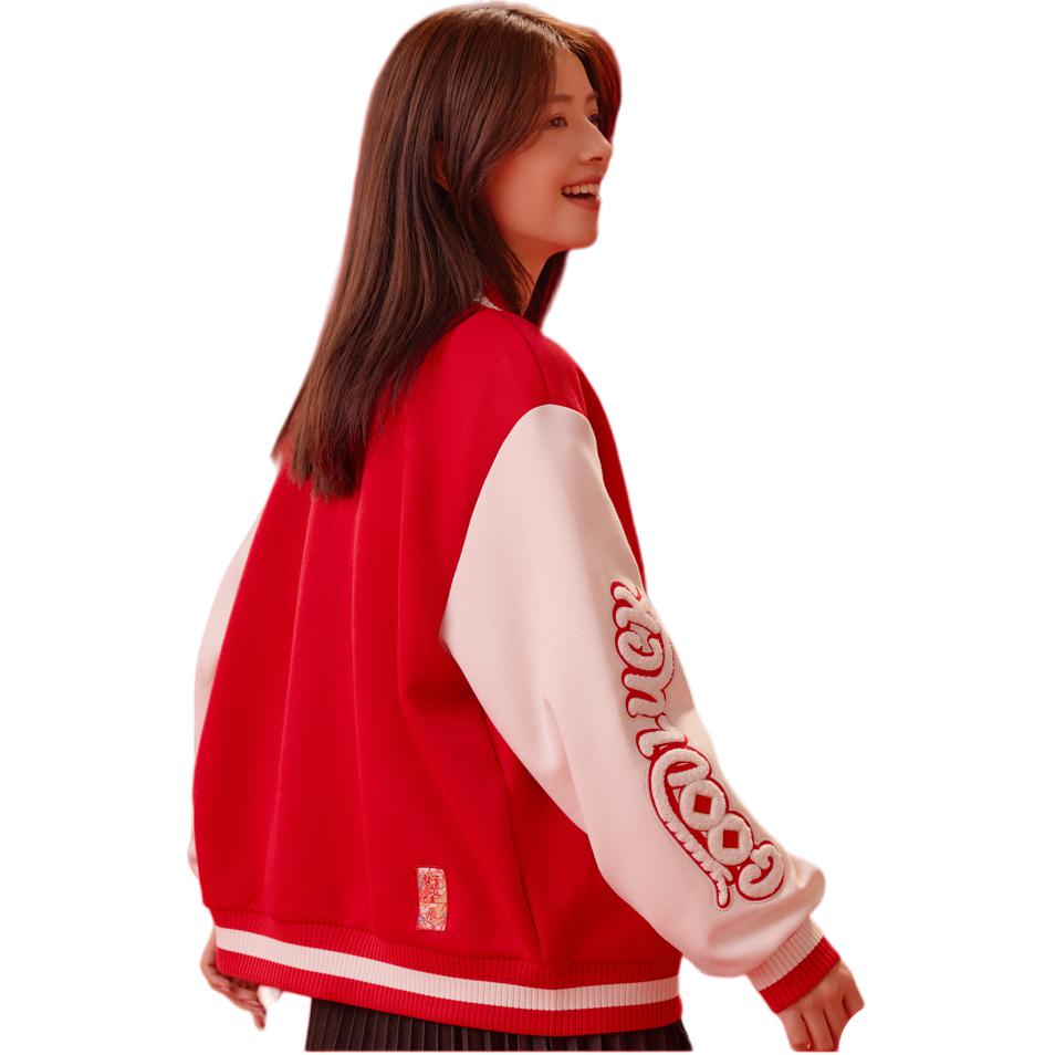 Anta Drachenjahr Serie Einreihig Dick Warm Rundhals Langarm Baseballjacke Damenjacken Tiefrot 162418708N-2