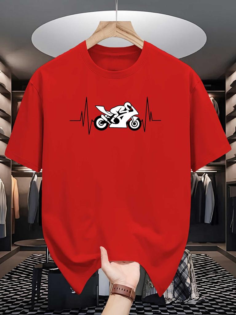 Unisex Beige Tee Cool Motorcycle Heartbeat Line Art Graphic Print Crew Neck Short Sleeve Summer Casual Male Cotton Streetwear Tops