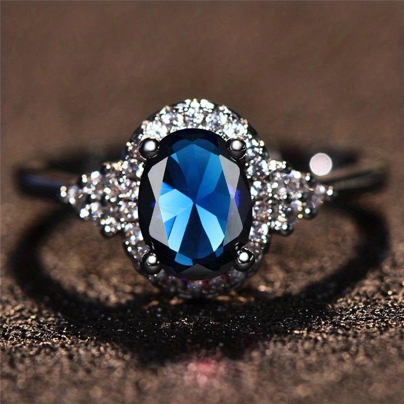 1 stk Sølvfarge Oval Cut Blåstein CZ Kloringer Bryllupsband Smykker Valentinsdagsgaver