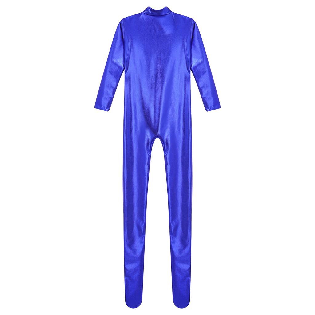 S-3XL Women's Front Zipper Full Body Jumpsuit, Metallic Shiny Long Sleeve Unitard Tights for Stage Performance & Club