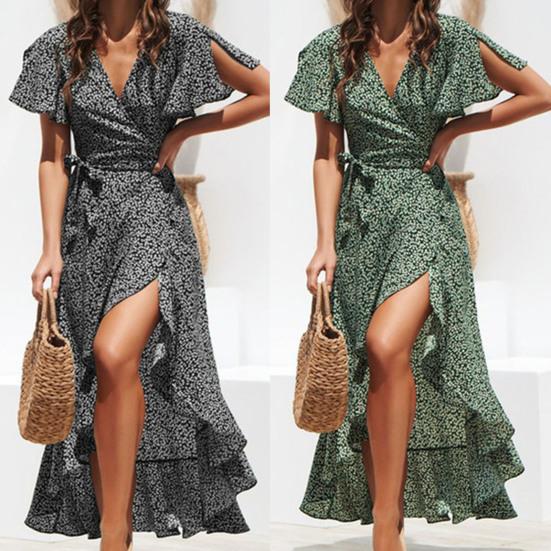 Women Dress Ruffles V-Neck Comfy Ankle-Length Wrap Women Dress