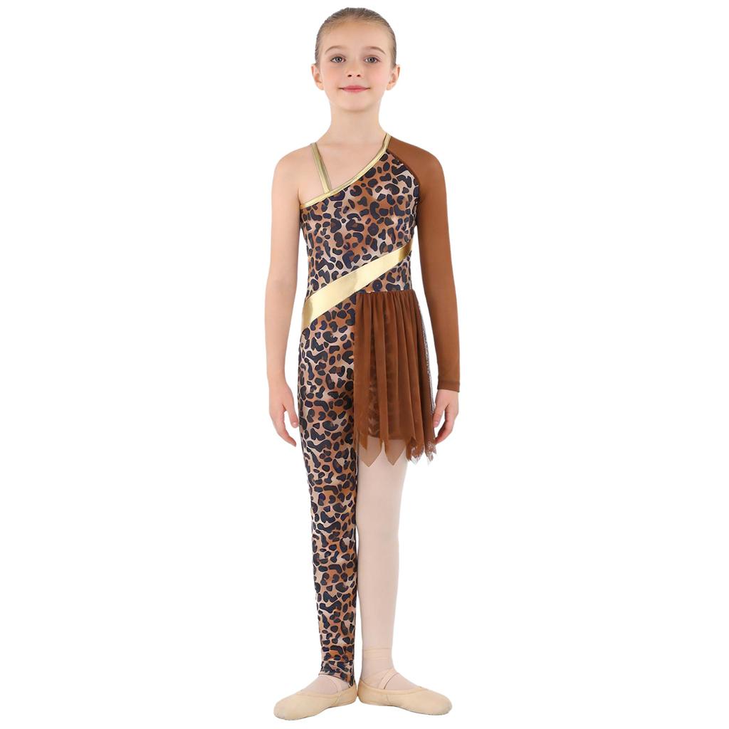 Mädchen Höhlen Kostüm Gymnastik Tanz Outfit Patchwork Asymmetrisches Design Leopardenmuster Body Overall