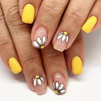 24Pcs Short Square False Nail with Flower Designs Glossy Full Cover Acrylic Nail Winter Artificial Nail for Party