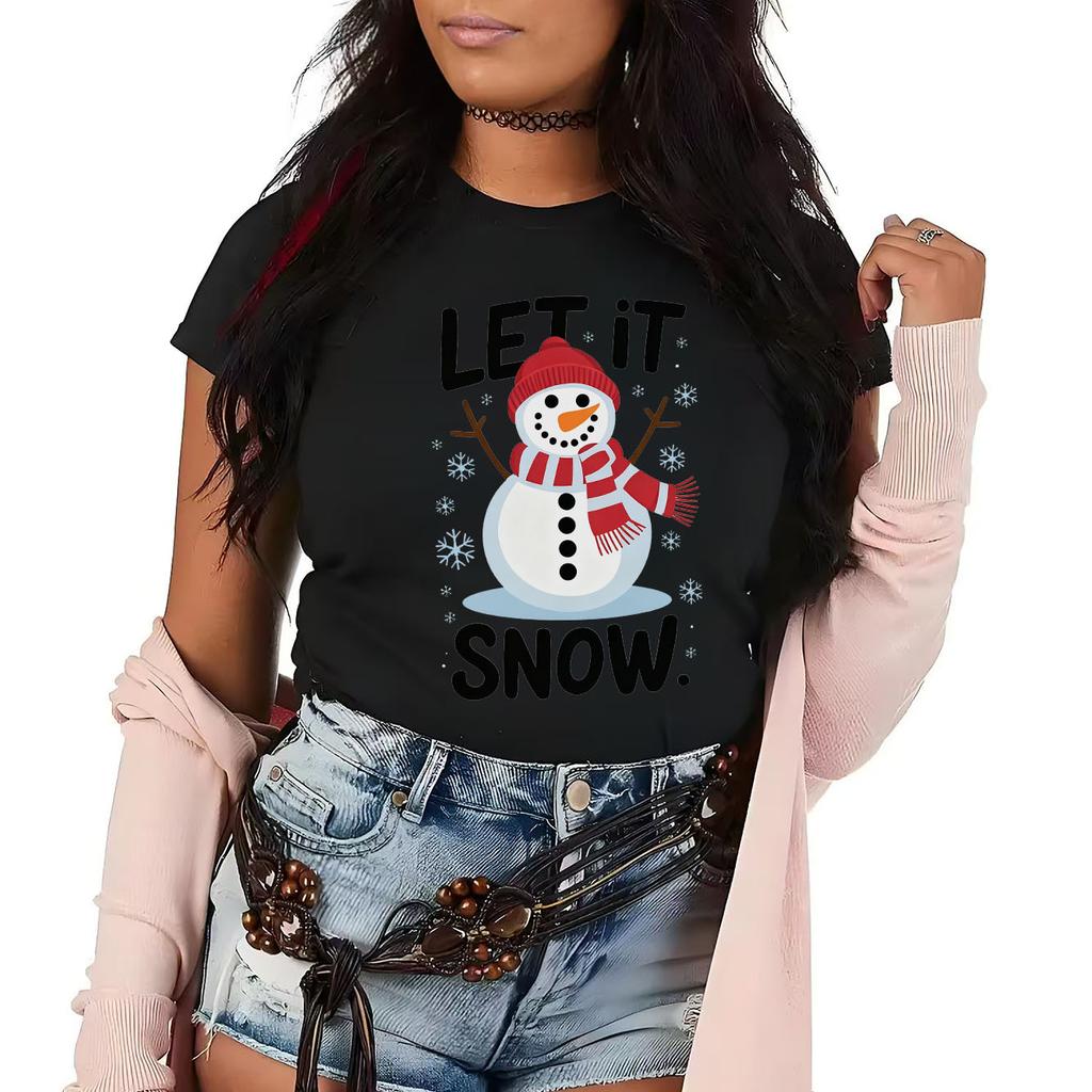 Christmas snowUnisex cartoon printed Womens short sleeved holiday Tshirt with summer round neck suitable for daily versatility