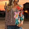 Women Plus Size Floral Print Lace Up V Neck Long Sleeve Daily Casual Top