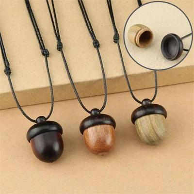 Vintage Sandalwood Acorn Pendant Necklace Simple Openable Acorn Shaped Box Pendant Long Sweater Chain Women's Minimalist Jewelry