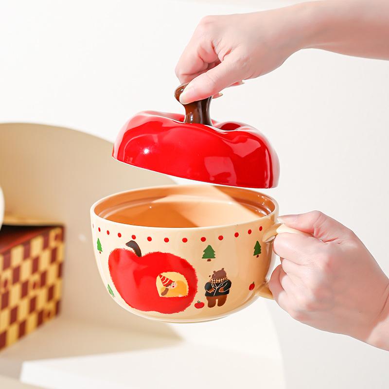 Creative Apple Ceramic Bowl High Value Spoon Instant Noodle Bowl Girls Girlfriend Souvenir Christmas Gift