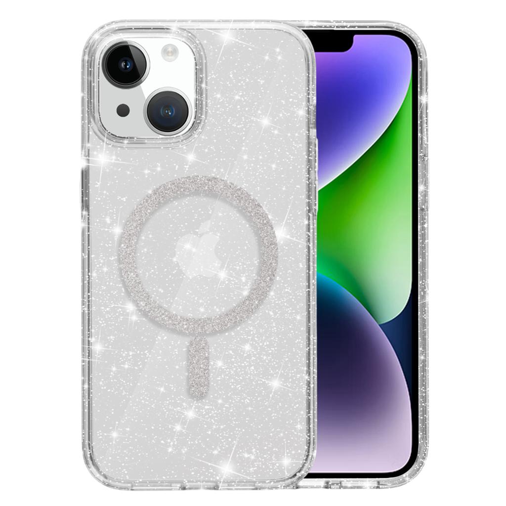 For iPhone 15 Plus/14 Plus Phone Case Compatible with MagSafe Glitter PC+TPU Hybrid Shockproof Cover