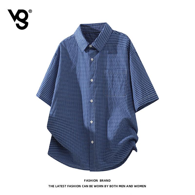 VUUG American Style Color-Block Plaid Short-Sleeve Shirt XXL