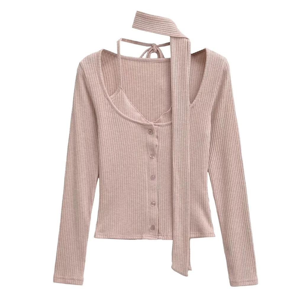 Temperament Pure Desire Spliced Faux Two-Piece Turtleneck Tie Imitation Cashmere Long Sleeve Tee with Flowing Ribbon Scarf for Women