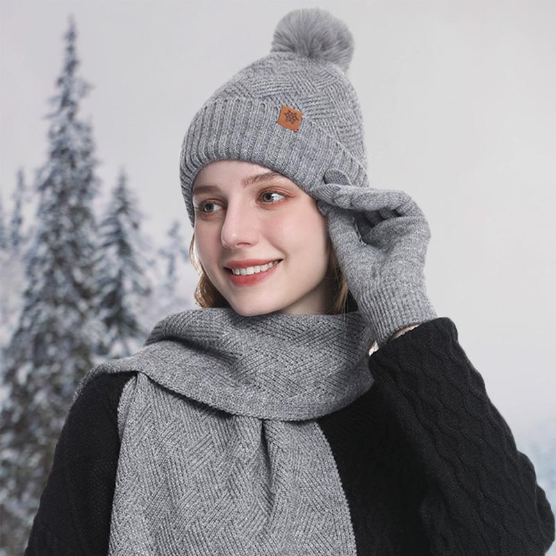 3pcs/set Hat Scarf For Women Gloves Set Outdoor Riding With Touch Screen Winter Pompom Hat Knit Beanie Fleece Lined
