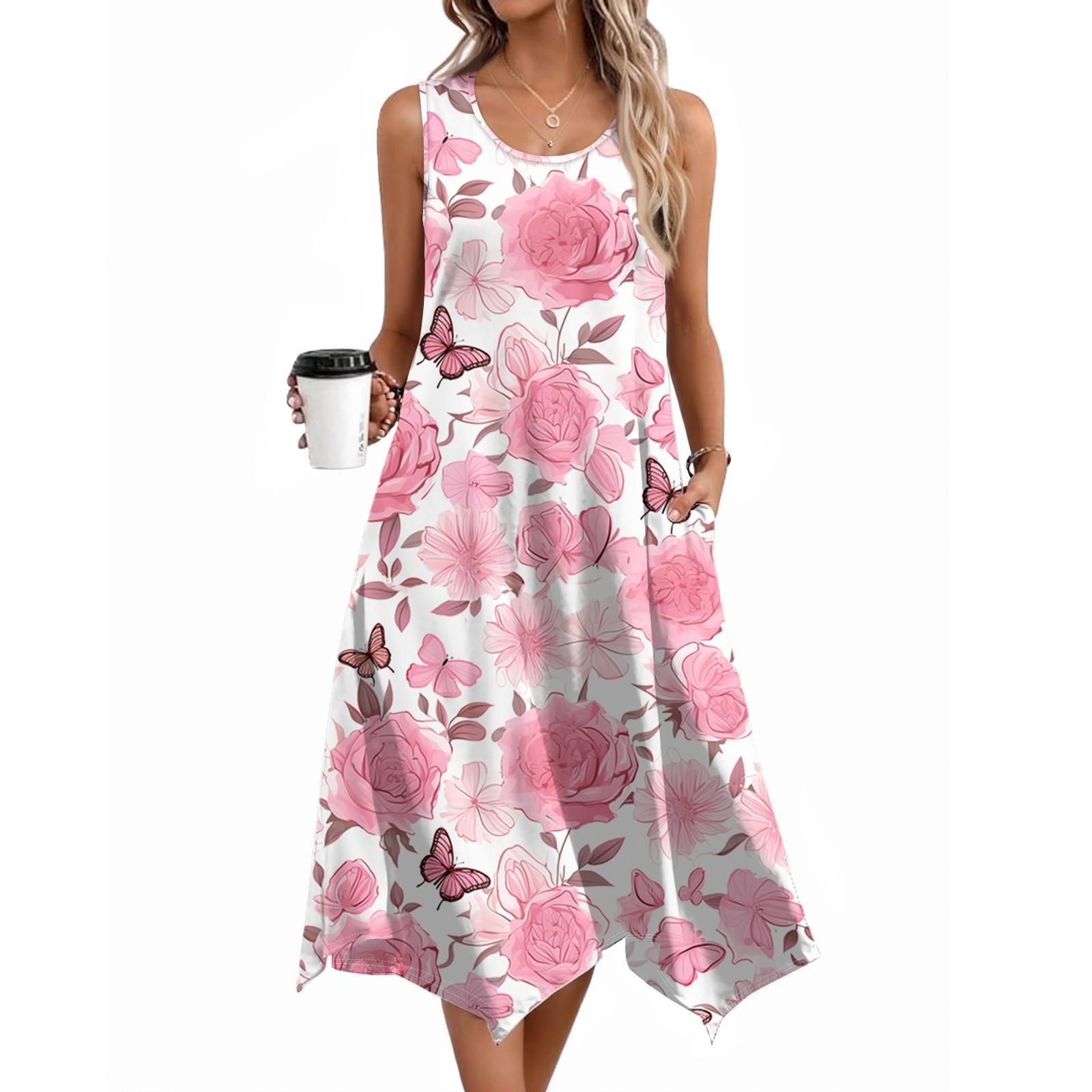 

Women Casual Sleeveless Summer Dresses Spring Crewneck Patchwork Boho Floral Ruffle Cocktail Party Midi Dress XL рожевий