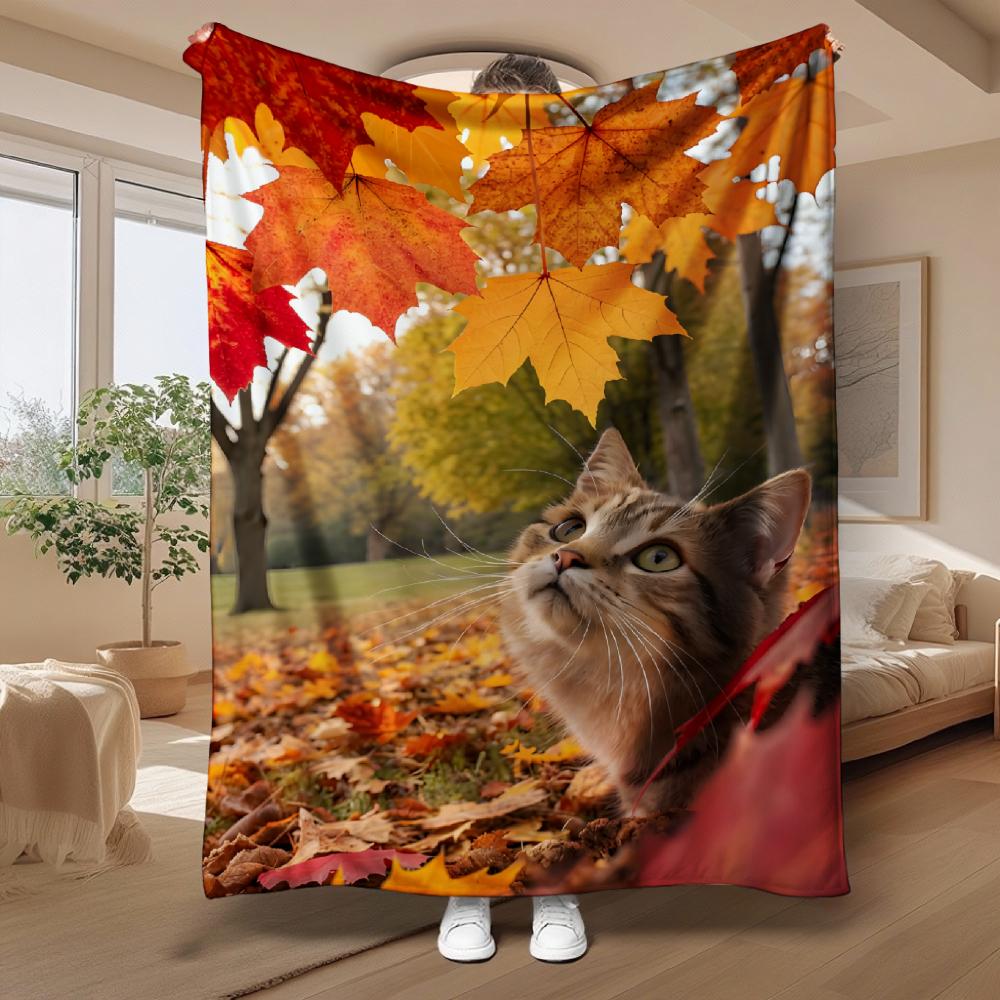 Autumn Cat And Maple Leaves, Pet Lover Gift, Soft Cozy Blanket, Vibrant Fall Foliage Design, Multi-Purpose Home Decor, Warm Comfort