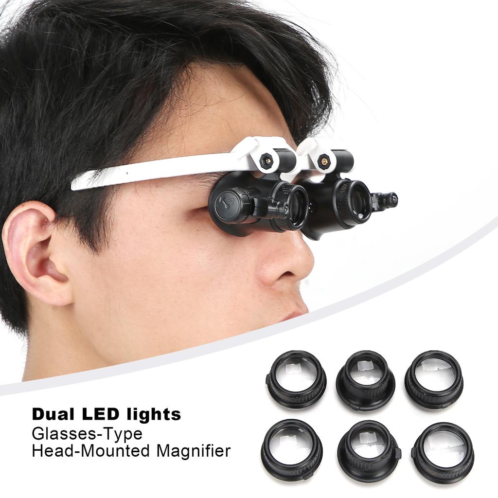 Headband Magnifier Glasses Hands Free LED Light Head Loupe for Jeweler Repair Reading