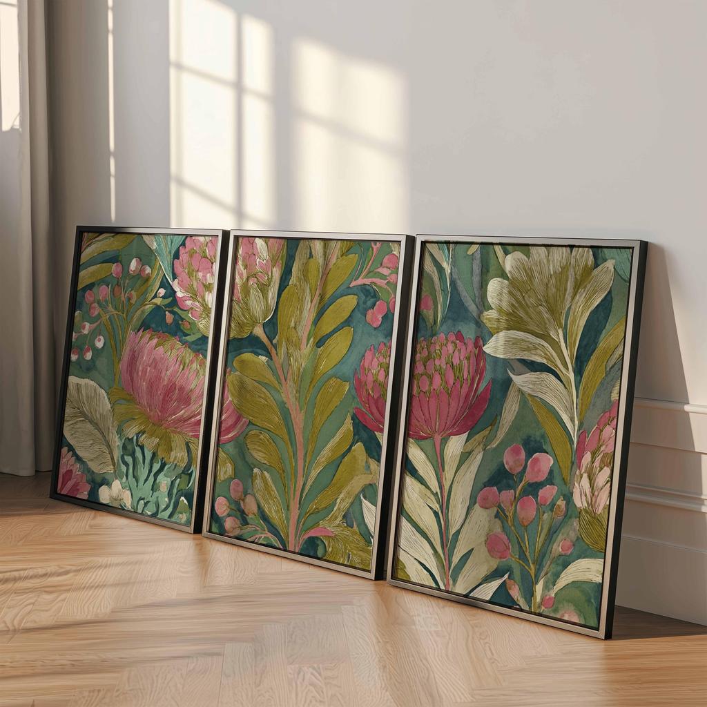 Botanical Wall Art Set of 3 Vintage Protea Floral Prints Green and Pink Nature Art for Living Room or Bedroom Decor Gift Poster