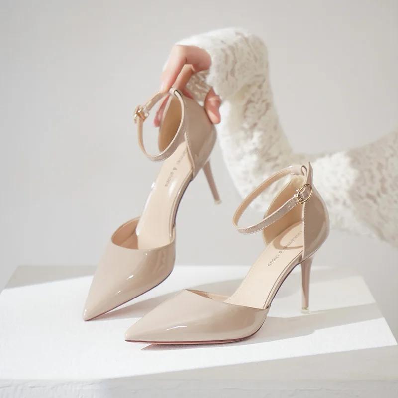 Summer Fashion Ladies Pumps Pointed Toe Patent Leather Buckle High Heeled Sandals Women Career Commuter Wedding Shoes