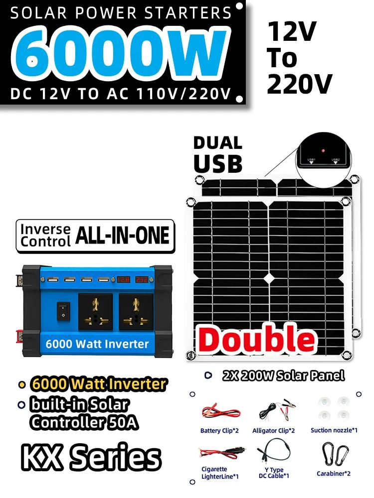 kit Solar Energy Systems 6000w Inverse Control All-in-one 220v/110v Inverter 2*200w 5v Solar Panel 30a Controller Camping RV Car
