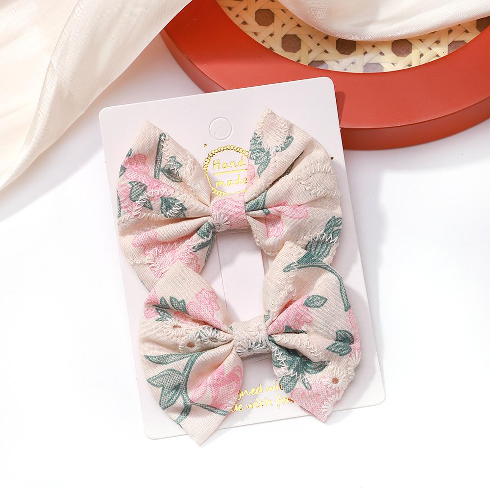 2Pcs/set Bows for Girls Hair Pins Embroidery Printing Hair Clips Solid Color Bowknot Handmade Barrettes Kids Hair Accessories