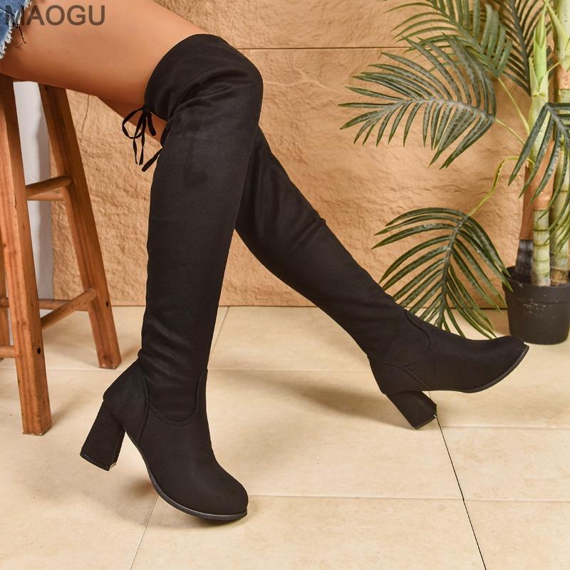 Taglie Grandi 35-43 Stivali da Donna Sopra il Ginocchio Tacco Chunky Nero Allacciatura Posteriore Stivali Elasticizzati Alti sulla Coscia 2026 Autunno Inverno Stivali Lunghi