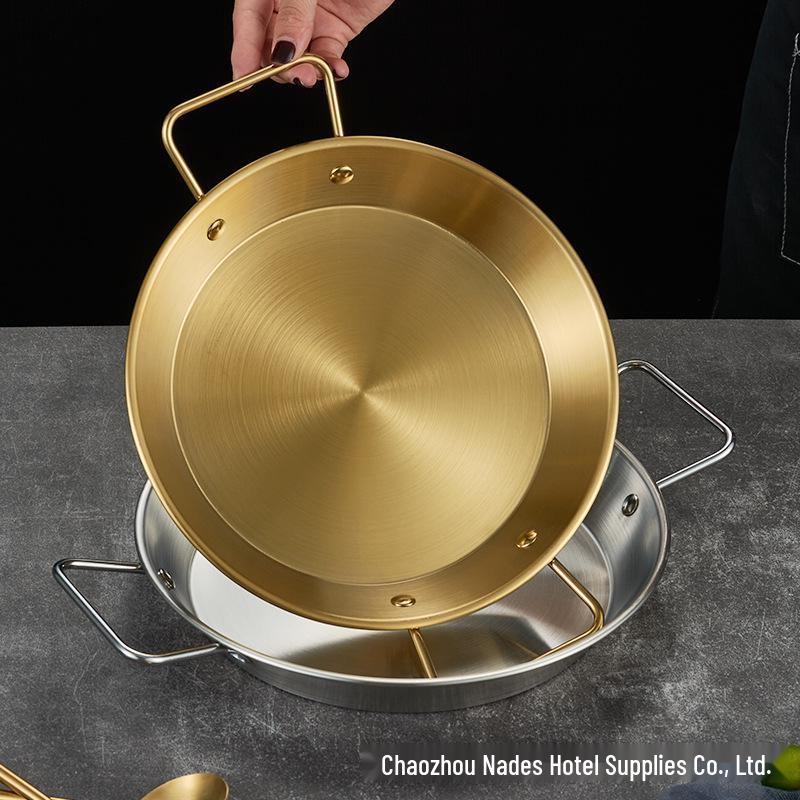 Gold Thickened Stainless Steel Seafood Plate with Handles - Korean Style for Crawfish, Fries, Fried Chicken, and Rice.