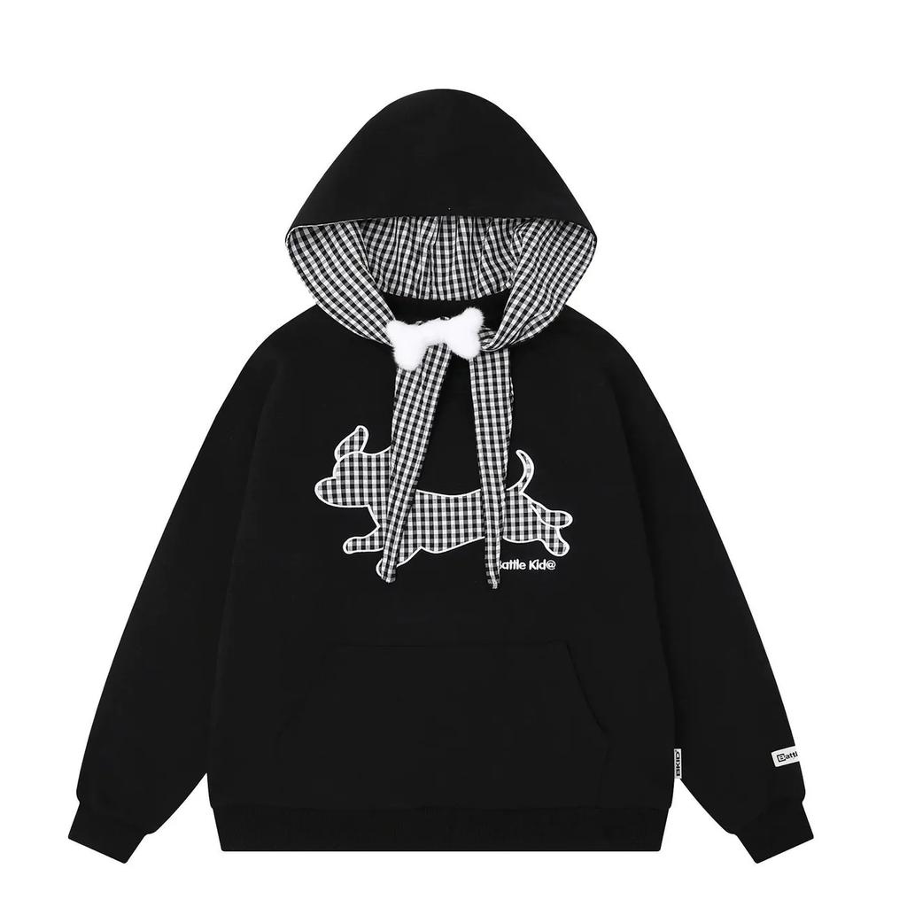 American Embroidered Puppy Plaid Strap Hooded Thin Sweatshirt for Women Autumn Winter College Style