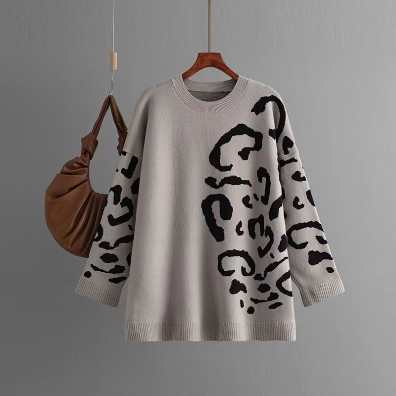 

Fashion New round Neck Pullover Knitting Jacquard Leopard Print Long Sleeve Sweater Knitted Jacquard Sweater Shallow coffee One size