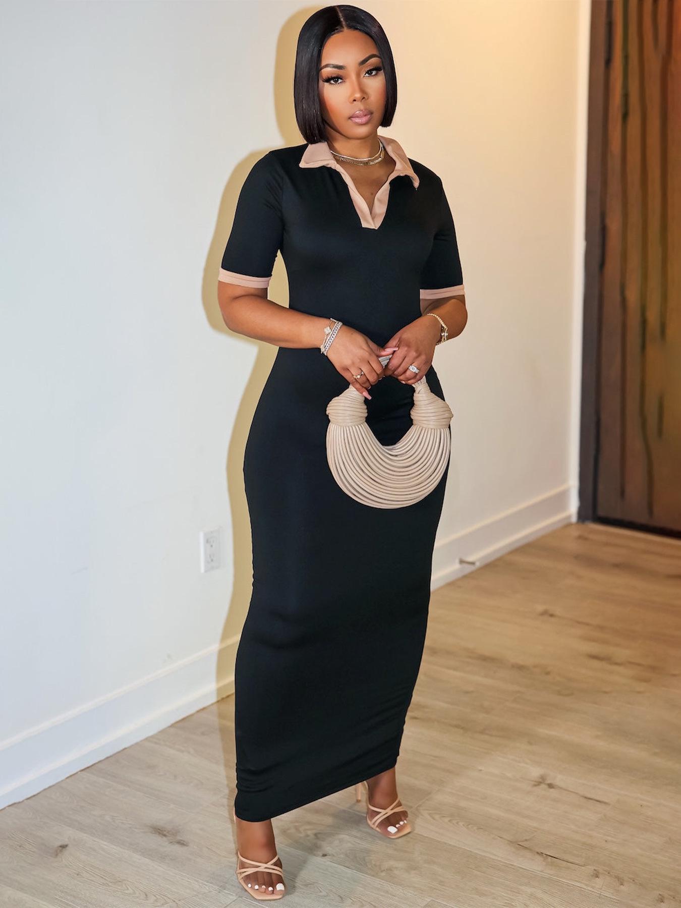 TW628 Retro European & American Women s Slim Polo Collar Bodycon Long Dress XL