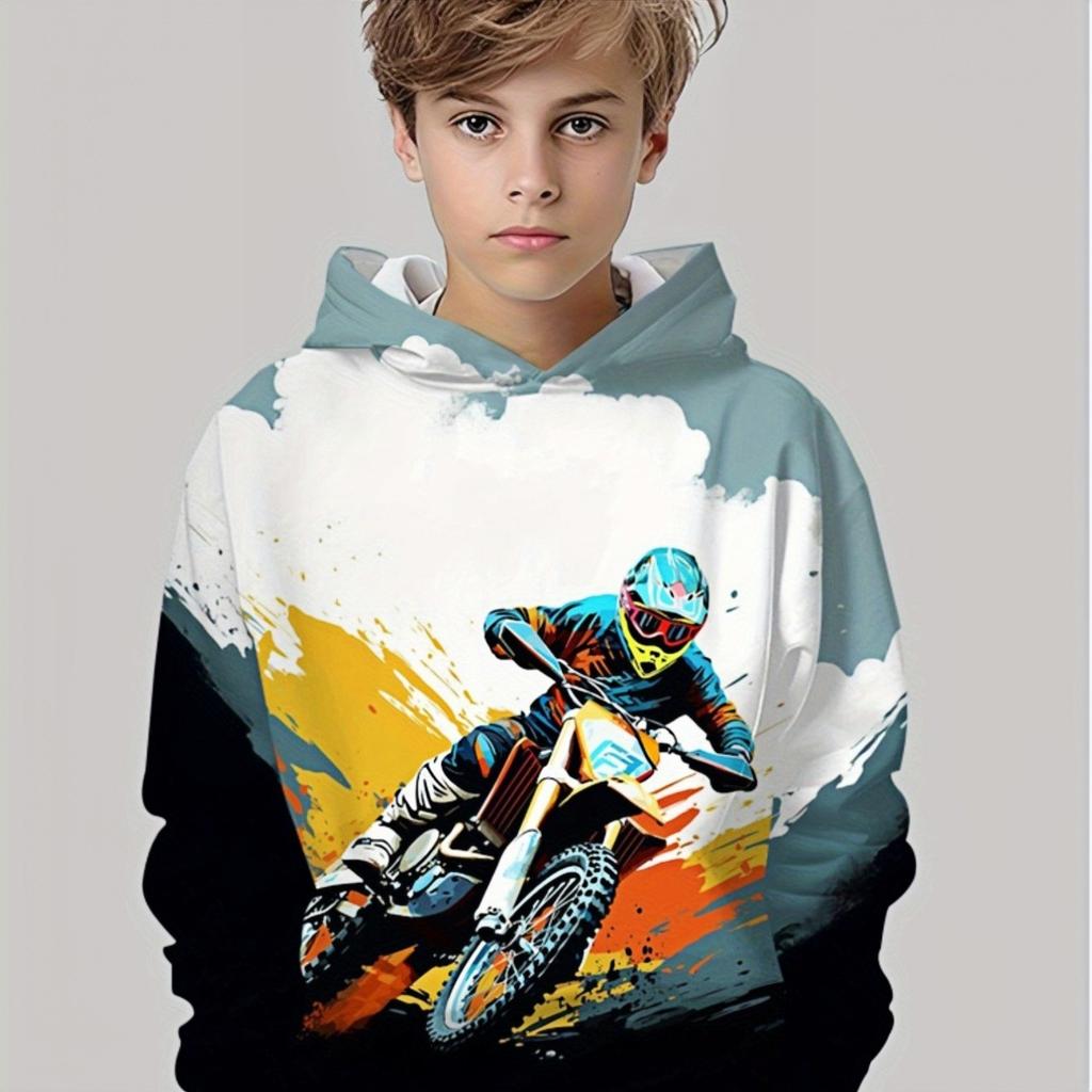 Boys' Motorcycle Hoodie, Ideal Gift for Young Riders, Dynamic Print Design, Sports Enthusiasts