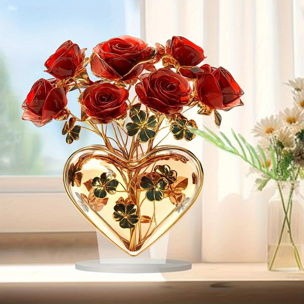 Valentine's Day Red Rose Heart-Shaped Wedding Decoration - 2D Fat Acrylic Tabletop Centerpiece with Golden Leaves & Stems, Battery-Free Home Decor