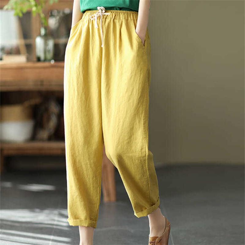 Harajuku Summer High Waist Elastic Women's Cotton Linen Wide Leg Capris Pants for Women Baggy Harem Pants Woman Trousers