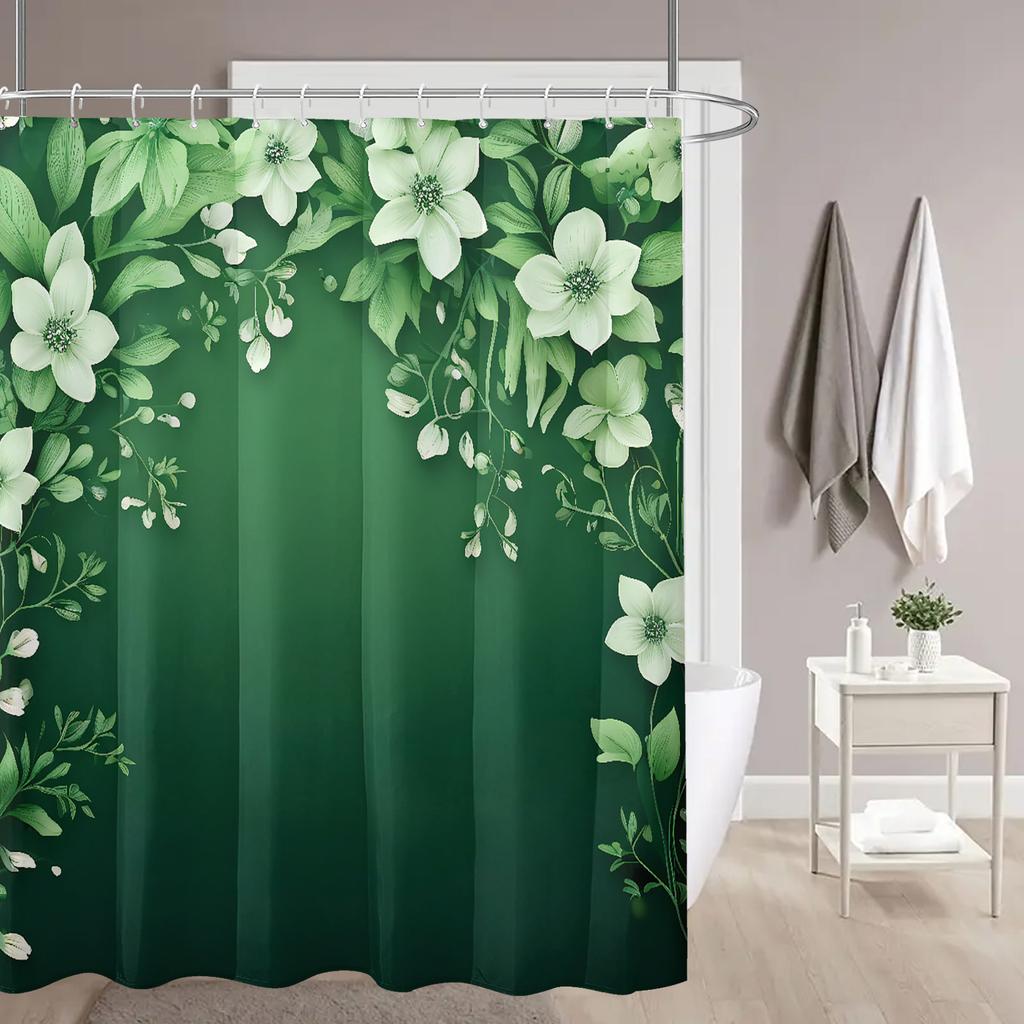 1pc green base light green floral print shower curtain, with hooks, polyester fabric, windows and walls, bathtub bathroom home
